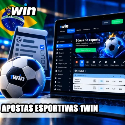 Área esportiva da 1win no notebook com bola de futebol e cupão de apostas ilustrativo.