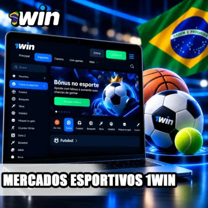 Mercados esportivos em tela com símbolos de futebol, basquete e ténis em composição limpa.