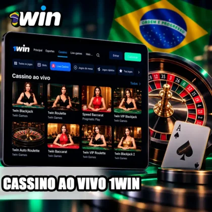 Cassino ao vivo da 1win no tablet com roleta e carta como símbolos dos jogos com dealer.