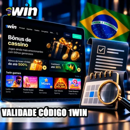 Tela de bônus da 1win com calendário e documento para análise da validade do código.