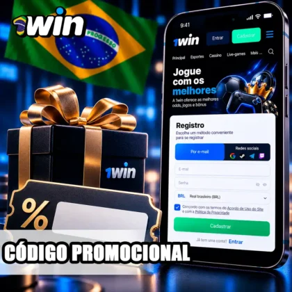 Cadastro da 1win com caixa de presente e cupom vazio para verificar códigos de bônus.