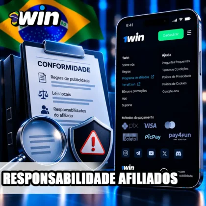Área de afiliados da 1win com documento e escudo para análise das regras locais.