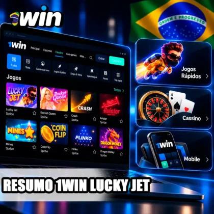 Catálogo da 1win em notebook com resumo de Lucky Jet, jogos e acesso móvel.